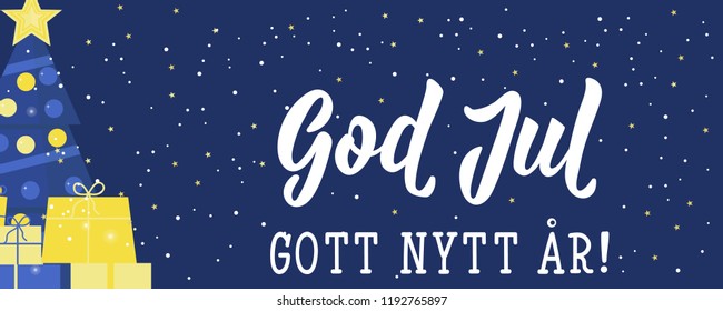 Christmas banner. Swedish text: Merry Christmas. Happy New Year. Lettering. vector illustration. element for flyers, banner and posters Modern calligraphy. God Jul. Gott nytt år!