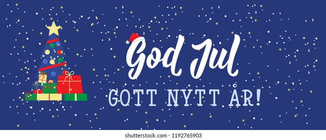 Christmas banner. Swedish text: Merry Christmas. Happy New Year. Lettering. vector illustration. element for flyers, banner and posters Modern calligraphy. God Jul. Gott nytt år!