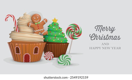 christmas banner with sweets and candies. christmas background with 3d cupcakes, gingerbread man, peppermint candies and lollipop