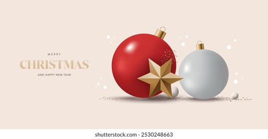 Christmas banner template with 3d realistic Noel ornaments, star, snowball and confetti. Vector illustration for invitation, greeting card, background, promo, sale, discount, social media, website