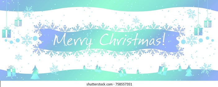 A Christmas banner template with an abstract glowing background with gifts, snowflakes and a winter landscape. Vector illustration.