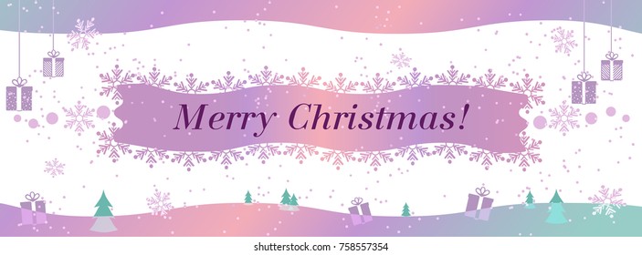 A Christmas banner template with an abstract glowing background with gifts, snowflakes and a winter landscape. Vector illustration.
