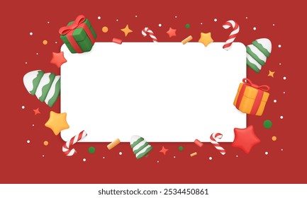 Christmas banner template with blank paper and 3d festive elements border. Frame of cartoon holiday objects, candy cane, gift boxes, stars, snowy trees and confetti. Vector New Year illustration.