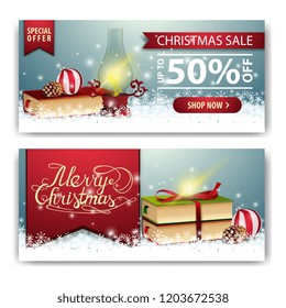 Christmas banner template with Christmas book and old lantern