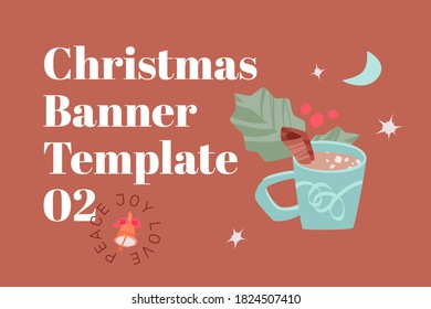 Christmas banner template with cocoa mug, cinnamon stick and holly leaves. Modern vector minimalistic design for seasonal promotion campaigns.