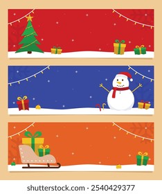 Christmas banner template collection with flat design and empty space for text. Christmas banner set with snowman, pine tree, and gift boxes