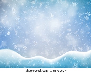 Christmas banner template with falling snow, clouds and snowdrift. Holiday decoration backdrop. EPS 10