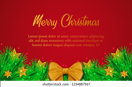 Christmas banner template with garland decoration and golden ribbon on the red background. vector illustration. fir print template or greeting card, or website announcement