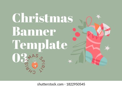 Christmas banner template with gift sock, candy cane, and holly leaves. Modern vector minimalistic design for seasonal promotion campaigns.
