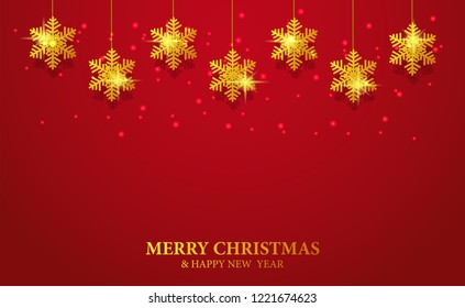 Christmas banner template for greeting card or background banner with illustration of golden snowflake decoration with red background