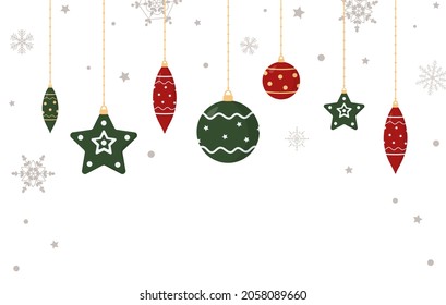 Christmas banner template with hanging decorations and snowflakes. Perfect for background, wallpaper, greeting card, web banner, invitation.