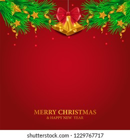 Christmas banner template with illustration of garland decoration with gold bell with red bakcground. Vector Design