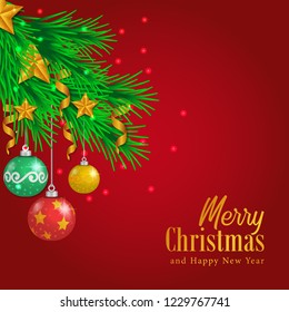 Christmas banner template with illustration of garland decoration with bauble and gold star for social media or web announcement. Vector Design
