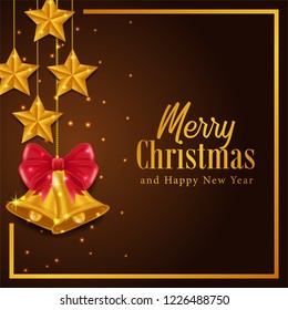 Christmas banner template with illustration of golden star and bell decoration. Vector illustration.