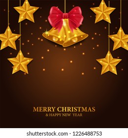 Christmas banner template with illustration of golden star and bell decoration. Vector illustration.