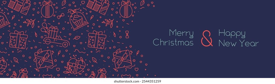 Modelo de banner de Natal com ícones de presentes lineares e apresenta ilustrações em vetor. Padrão chinês sem emenda do Ano Novo - embrulho japonês, fita, X-mas, Feriados, elementos florais - Decoração de aniversário