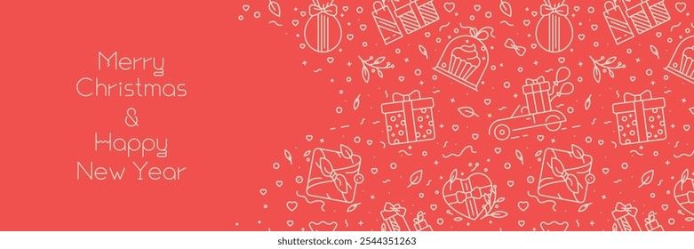 Modelo de banner de Natal com ícones de presentes lineares e apresenta ilustrações em vetor. Padrão chinês sem emenda do Ano Novo - embrulho japonês, fita, X-mas, Feriados, elementos florais - Decoração de aniversário