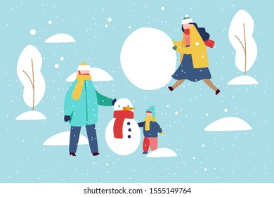 Christmas banner template. Modern flat family characters dressed in winter clothes. New Year preparing, active recreation, winter holidays concept. Vector seasonal illustration.
