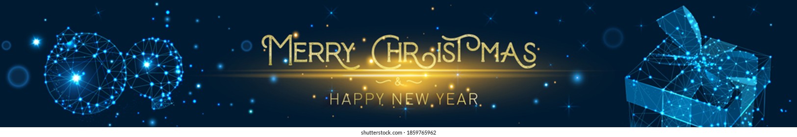 Christmas banner template. Polygonal Background Xmas design of gifts box, Christmas decorations and golden stars. Horizontal Christmas header for website template.