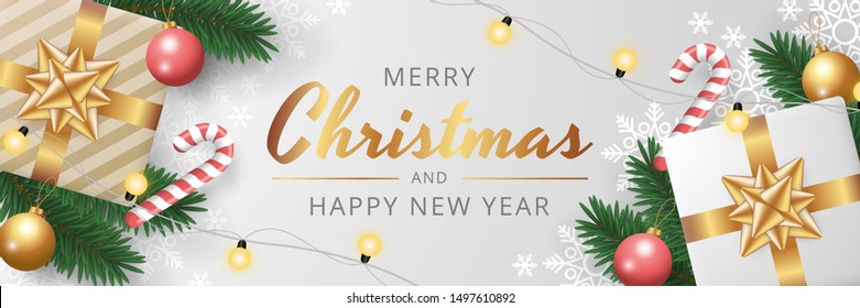 Christmas banner template with realistic christmas elements. Vector illustration 