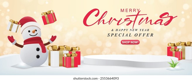 Christmas banner template for sale promotion, brochure, web, poster with the gift box and xmas elements. winter season background. vector illustrator 