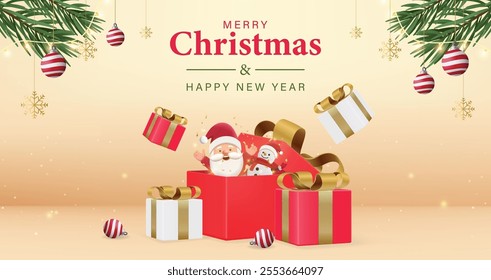 Christmas banner template for sale promotion, brochure, web, poster with the gift box and xmas elements. winter season background. vector illustrator 