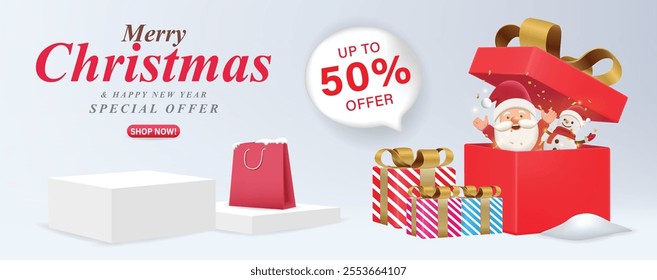 Christmas banner template for sale promotion, brochure, web, poster with the gift box and xmas elements. winter season background. vector illustrator 