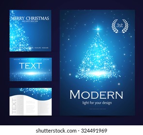 Christmas banner  template set with shining Christmas tree. Vector illustration
