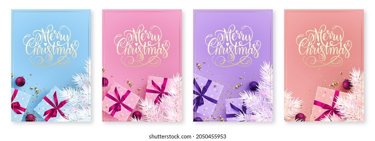 Christmas banner template, set of vector New Year illustrations with gifts. Holiday cards with background for text. 3d illustration