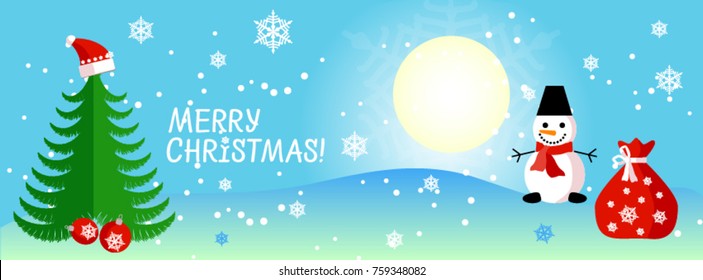 A Christmas banner template for sites and social networks with a snowman, a Christmas tree and a winter landscape on a blue background. Vector illustration.