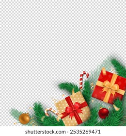 Christmas banner template with traditional gift boxes with bows, Xmas balls, striped candy canes, golden confetti and green pine branches on transparent background with copy space for design or text