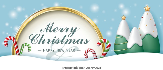 Christmas banner template with Christmas tree, candy cane and gold frame on blue background. Vector illustration for banner, poster, flyer, greeting card and advertisement.