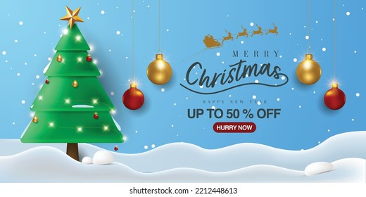 Christmas banner template with Christmas tree and decorative baubles with snow and snowflakes.