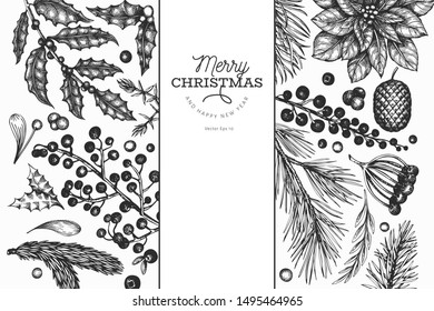 Christmas banner template. Vector hand drawn illustrations. Greeting card design in retro style. Winter background
