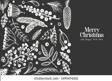 Christmas banner template. Vector hand drawn illustrations on chalk board. Greeting card design in vintage style. Winter background