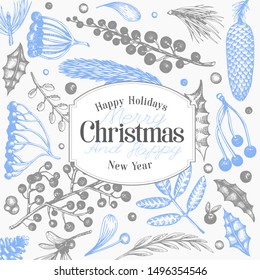 Christmas banner template. Vector hand drawn illustrations. Greeting card design in vintage style. Winter background