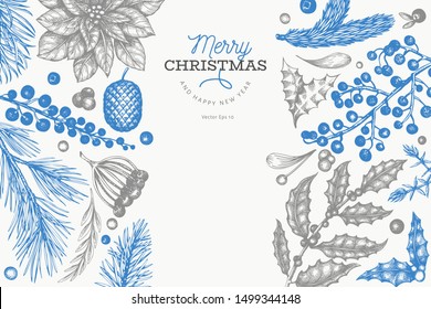 Christmas banner template. Vector hand drawn illustrations. Greeting card design in vintage style. Winter background
