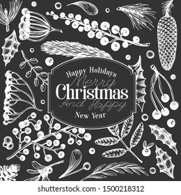 Christmas banner template. Vector hand drawn illustrations on chalk board. Greeting card design in retro style. Winter background