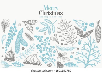Christmas banner template. Vector hand drawn illustrations. Greeting card design in retro style. Winter background