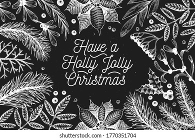Christmas banner template. Vector hand drawn illustrations on chalk board. Greeting card design in retro style. Winter background