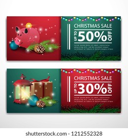 Christmas banner templates with piggy Bank and antique lamp