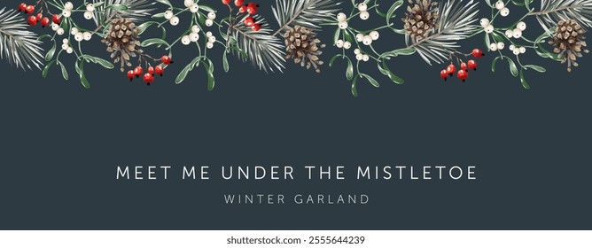 Christmas banner, text, black background. Mistletoe, green pine twigs, cones, red berries. Winter nature design. Vector illustration. Greeting template. Xmas forest