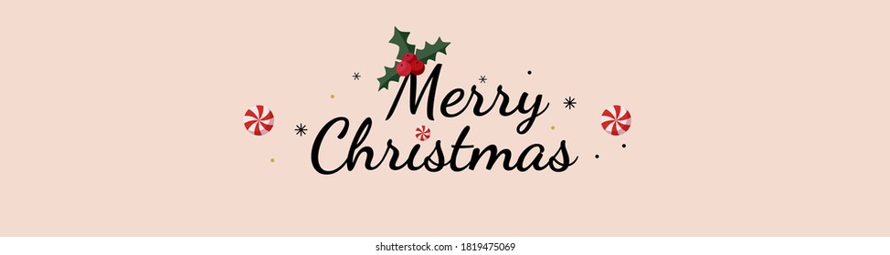 Christmas Banner. Text black with bright sparkles, peppermint candy, holly berry on white background.