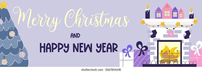 Christmas banner with text Merry Christmas and fireplace with blue spruce.Light text on a purple background, fireplace with fire, gifts, socks. Vector illustration of festive vertical banner.
