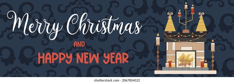 Christmas banner with text Merry Christmas and fireplace with gifts.Patterns on a dark background, fireplace with fire, gold tree, candle. Vector illustration of festive vertical banner.