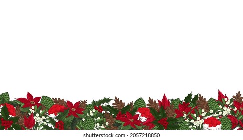 Christmas banner with traditional decoration plants. Winter border holiday ornament. Poinsettia flowers, pine cone, holly berry and leaves, mistletoe branch with berries. Festive new year print.