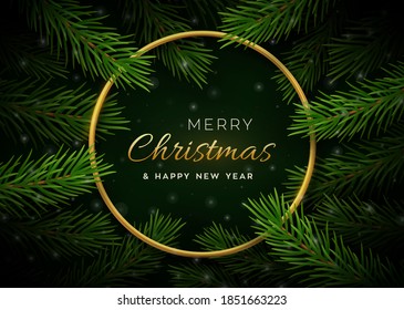 Christmas banner with tree branches and golden metallic frame. Festive Xmas frame of green branch of pine. Christmas background. Vector Illustration.
