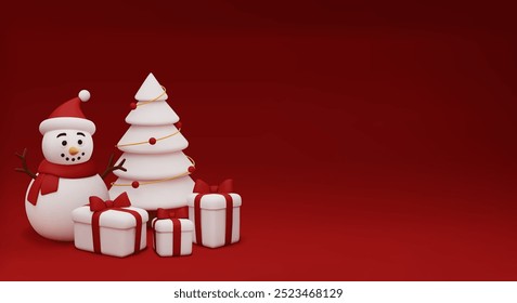 Christmas banner with Christmas tree, giftboxes and snowman