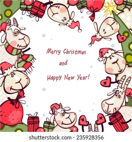 christmas banner with tree, goat and rams