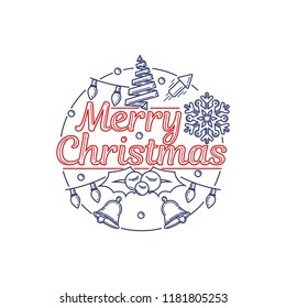 Christmas banner with christmas tree, snowflake, christmas lights. Holiday frame in line art style. Winter decorating. 